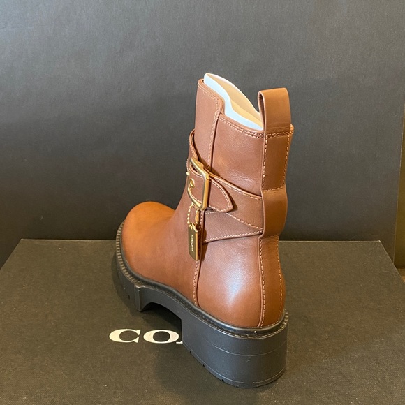 Coach Lacey Dark Saddle Leather Bootie Ankle Short Snow Boots Shoes Flats NEW - Picture 8 of 9